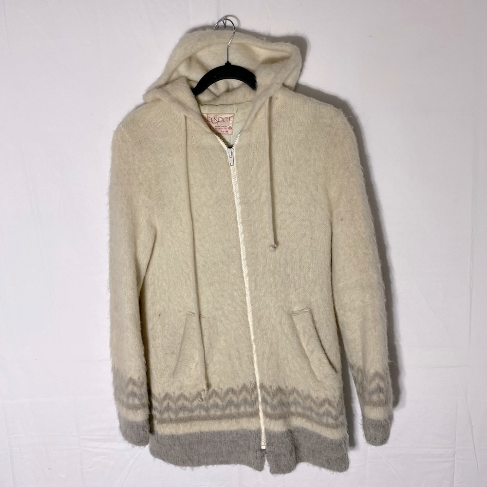 Vintage Jasper Cream Grey Pure Virgin Wool Knit Zip Front Hoodie L